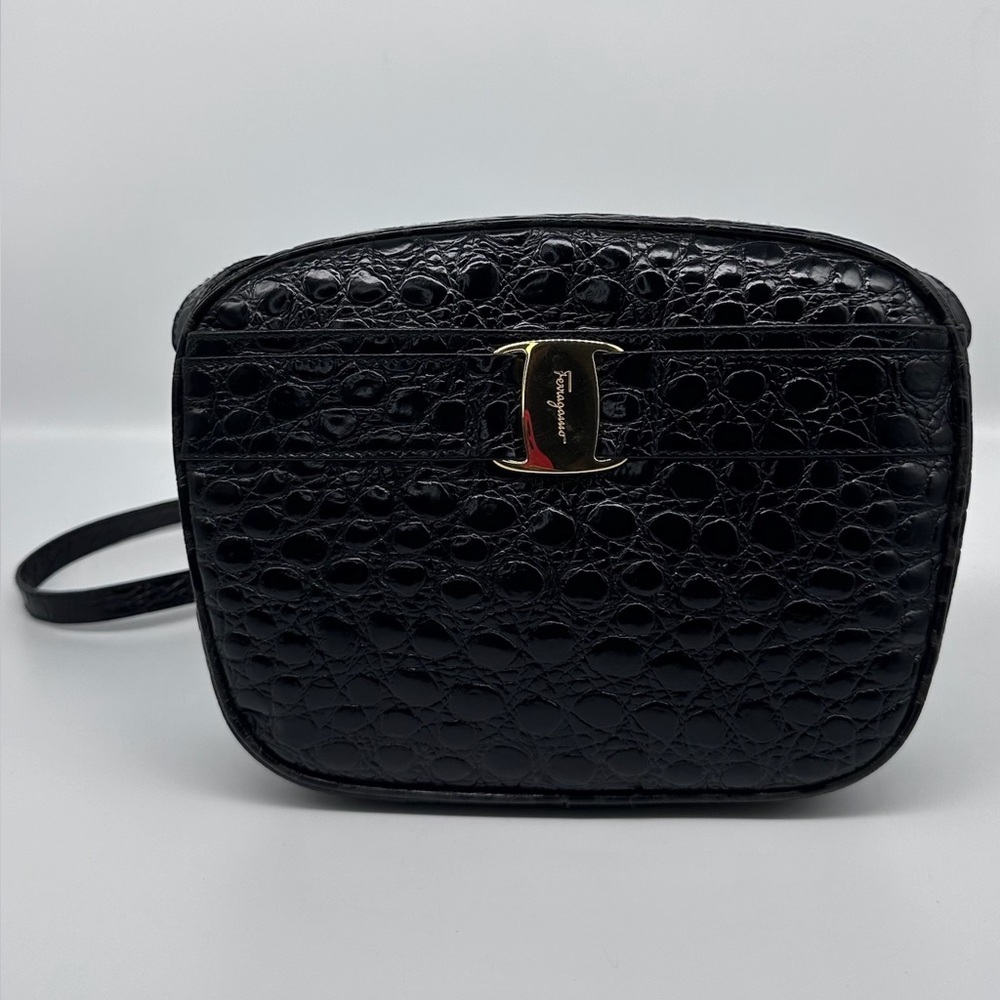 Vintage Salvatore Ferragamo Black Embossed Leather Gancini Crossbody Bag